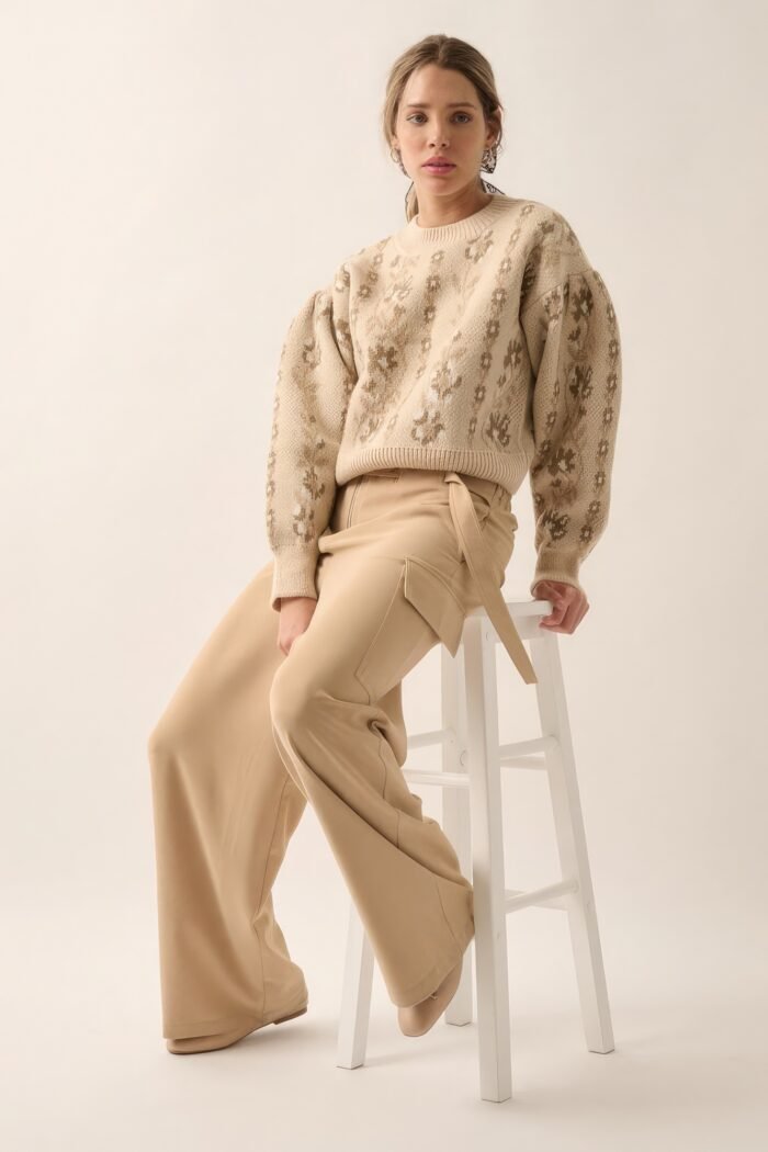 Floral round neck long sleeve relax fit sweater