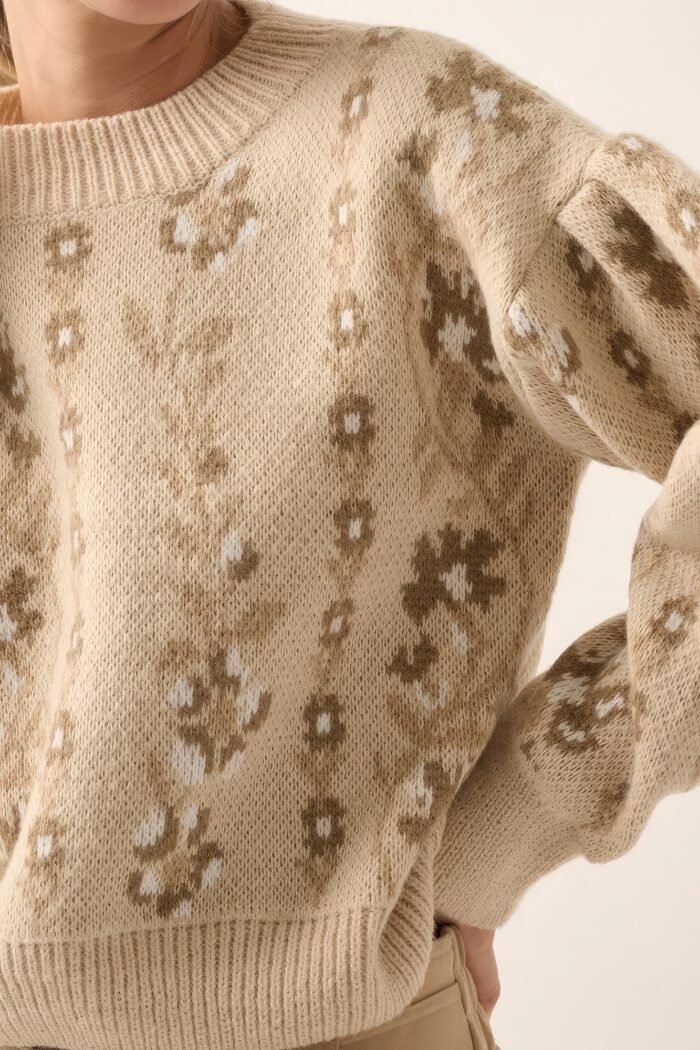 Floral round neck long sleeve relax fit sweater