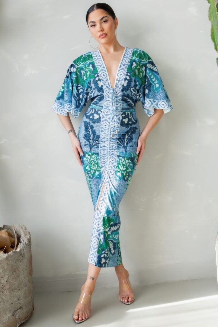 Front Ruched V-neck Midi Dress - Image 1