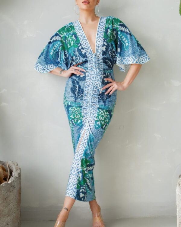 Front Ruched V-neck Midi Dress