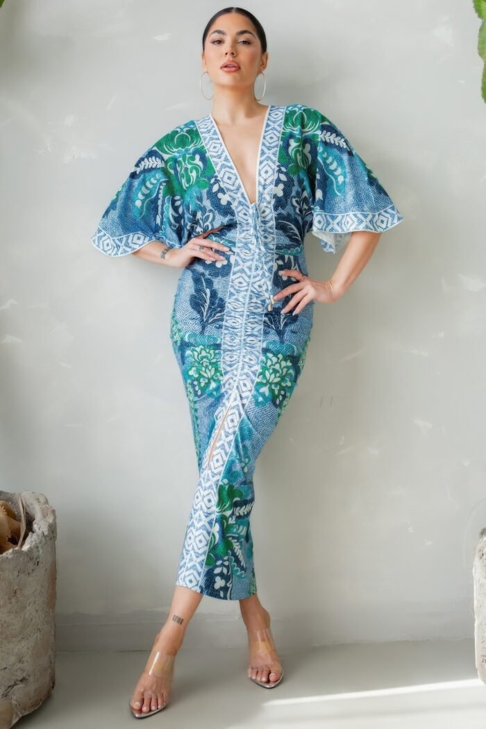 Front Ruched V-neck Midi Dress - Image 2