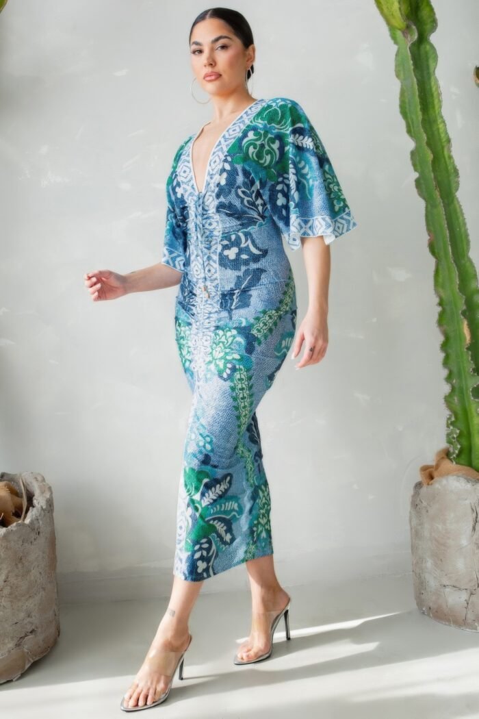 Front Ruched V-neck Midi Dress - Image 3
