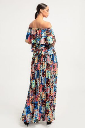 Printed Ruffle Top And Pleated Skirt Set Printed Ruffle Top and Pleated Skirt Set in orange with adjustable styling options and functional pockets.