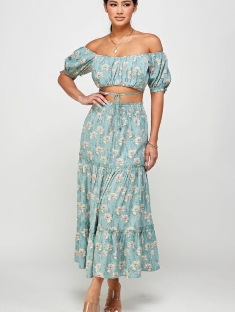 Floral Off Shoulder Sleeve Back Tie Top Skirt Set – Chic Outfit