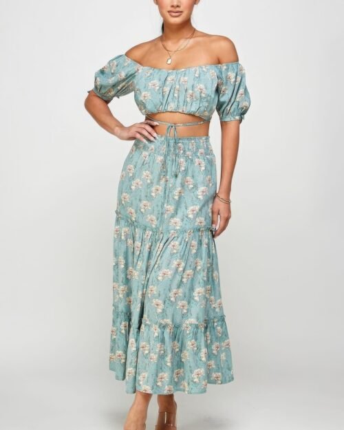 Floral Off Shoulder Sleeve Back Tie Top Skirt Set – Chic Outfit
