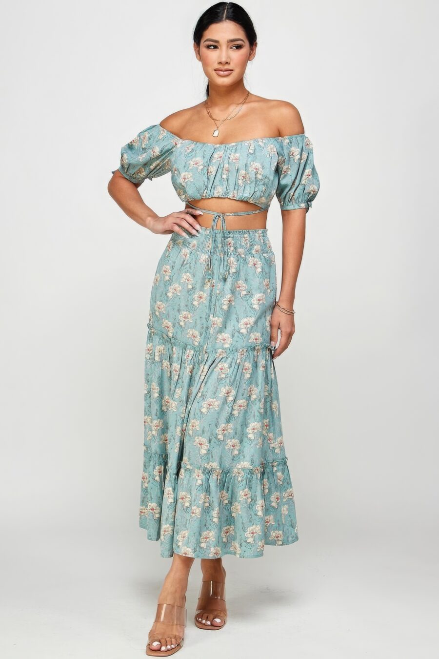 Floral off shoulder sleeve back tie top skirt set