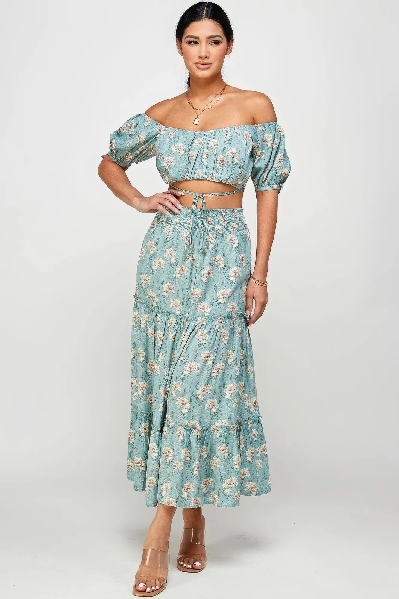 Floral Off Shoulder Sleeve Back Tie Top Skirt Set – Chic Outfit