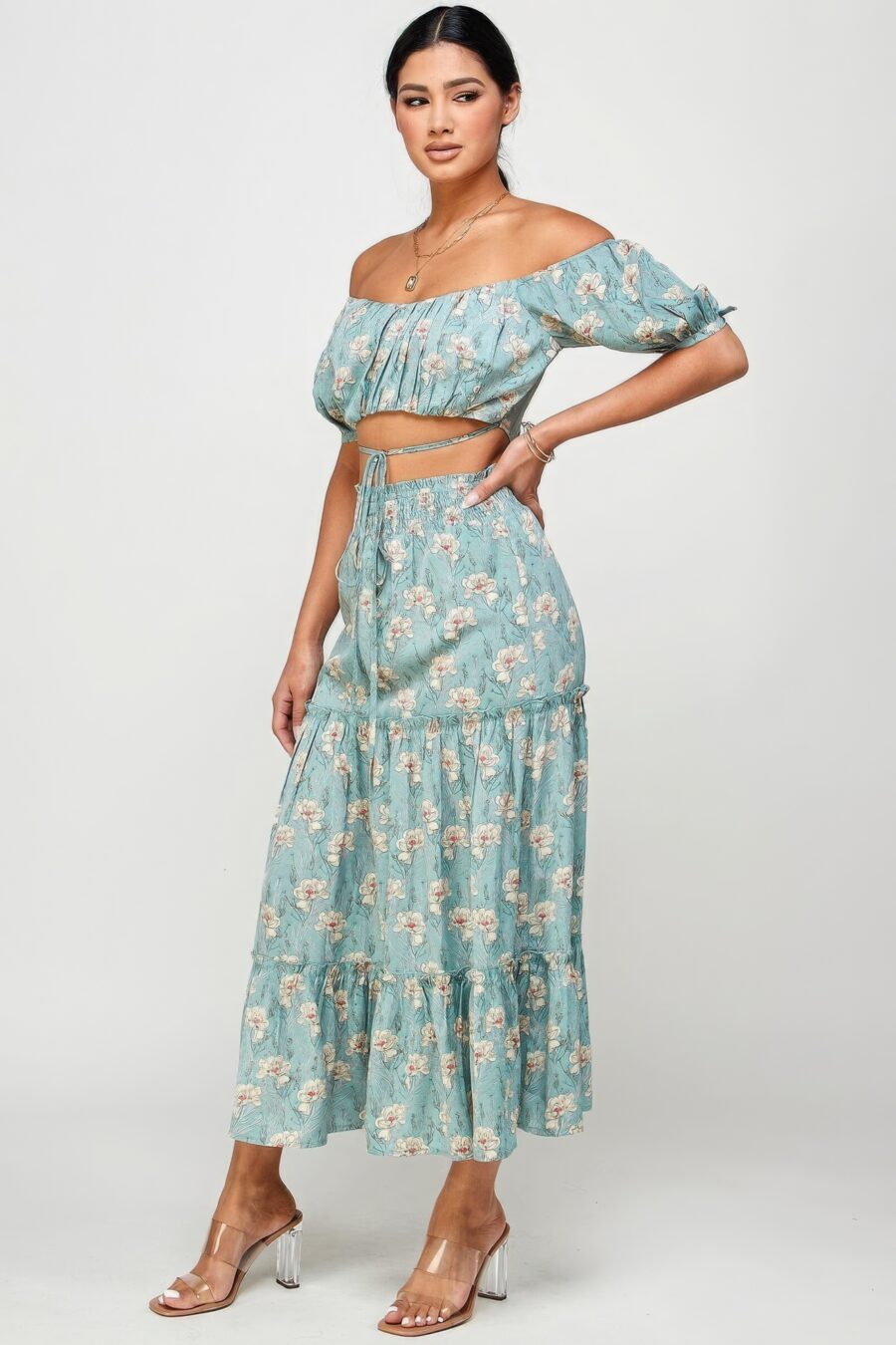 Floral off shoulder sleeve back tie top skirt set