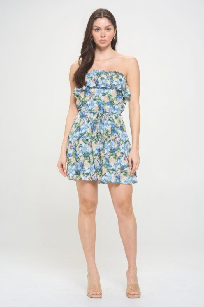 Berry flower ruffle tube top mini dress