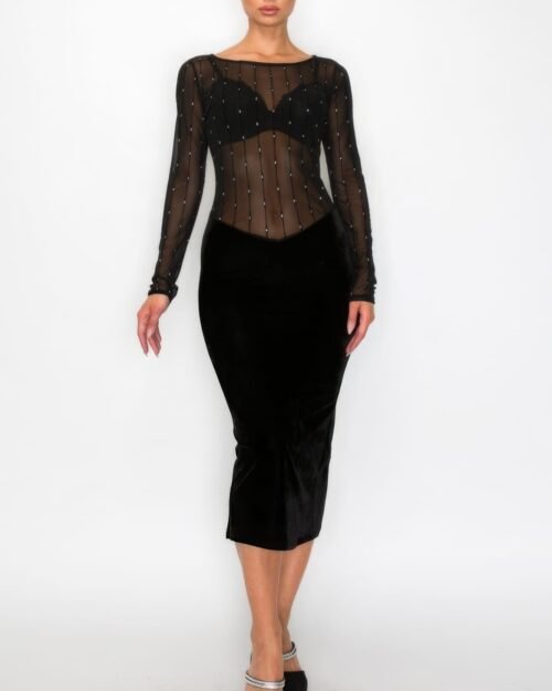 Velvet Sheer Contrast Holiday Midi Dress