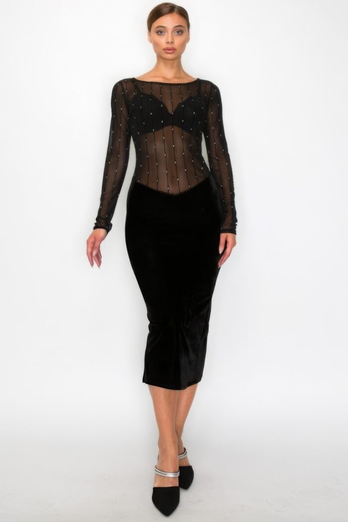 Velvet sheer contrast holiday midi dress