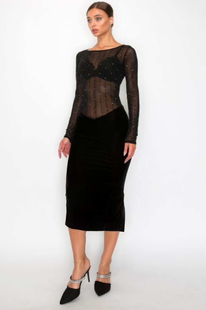 Velvet sheer contrast holiday midi dress