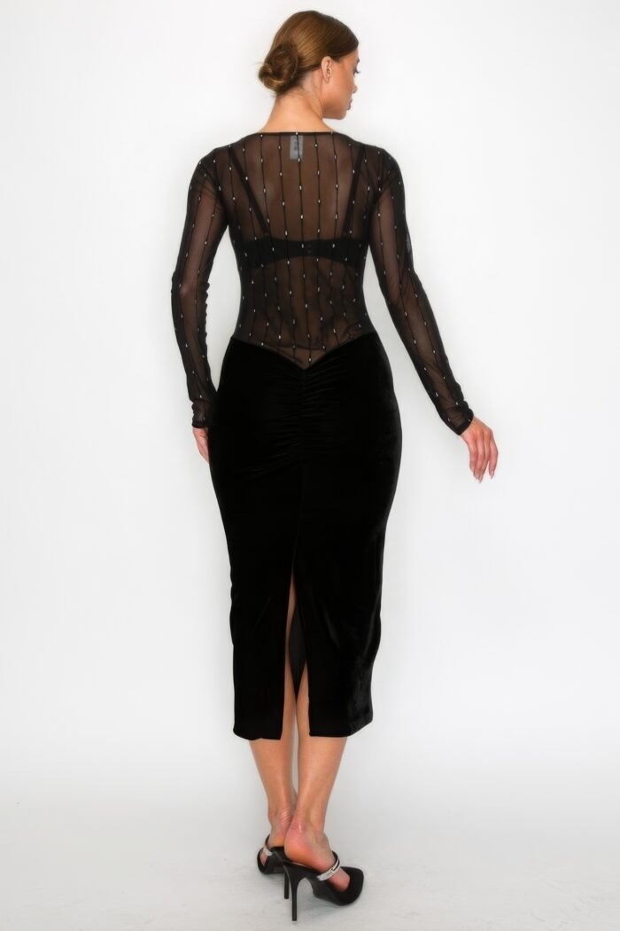 Velvet sheer contrast holiday midi dress