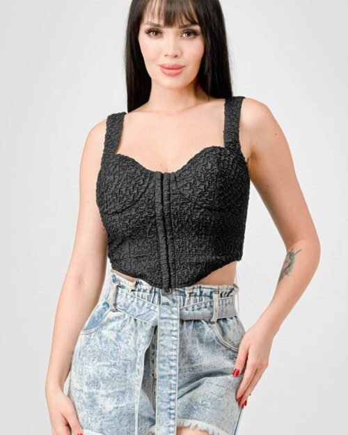 Crinkle Stretch Knit Sweetheart Hooked Bustier Cropped Top