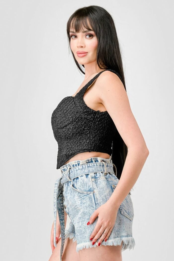 Crinkle stretch knit sweetheart hooked bustier cropped top