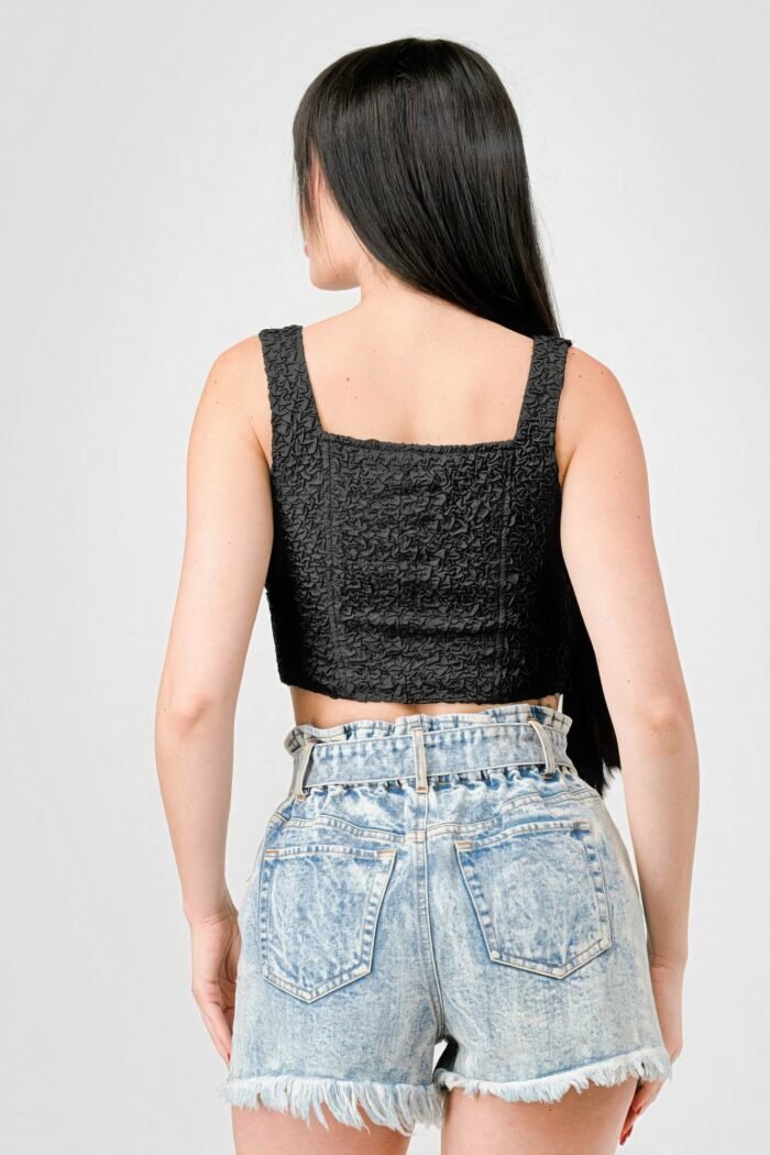 Crinkle stretch knit sweetheart hooked bustier cropped top