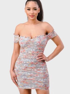 Floral Print Mesh Sweetheart Ruffled Off Shoulder Ruched Mini Dress