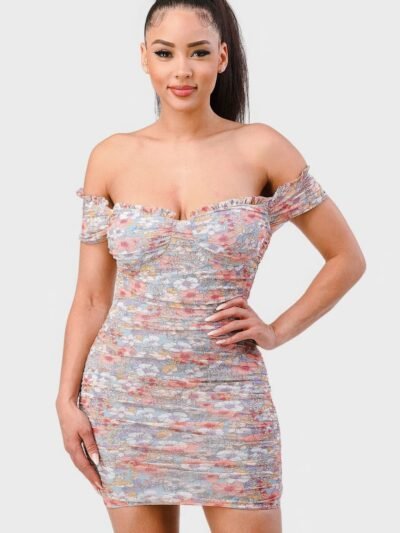 Floral Print Mesh Sweetheart Ruffled Off Shoulder Ruched Mini Dress