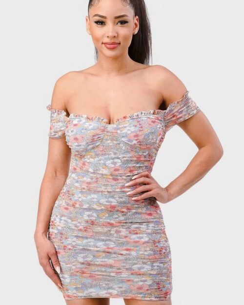 Floral Print Mesh Sweetheart Ruffled Off Shoulder Ruched Mini Dress