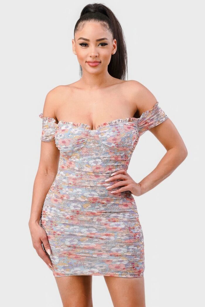 Floral print mesh sweetheart ruffled off shoulder ruched mini dress