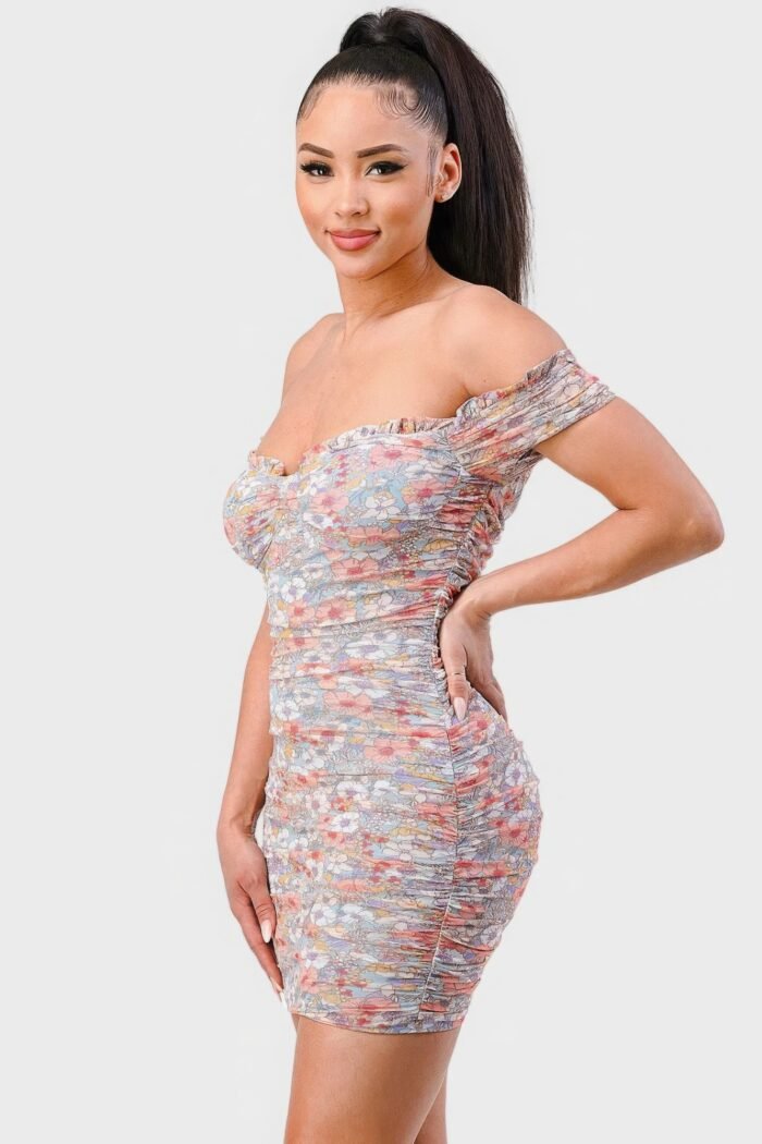 Floral print mesh sweetheart ruffled off shoulder ruched mini dress