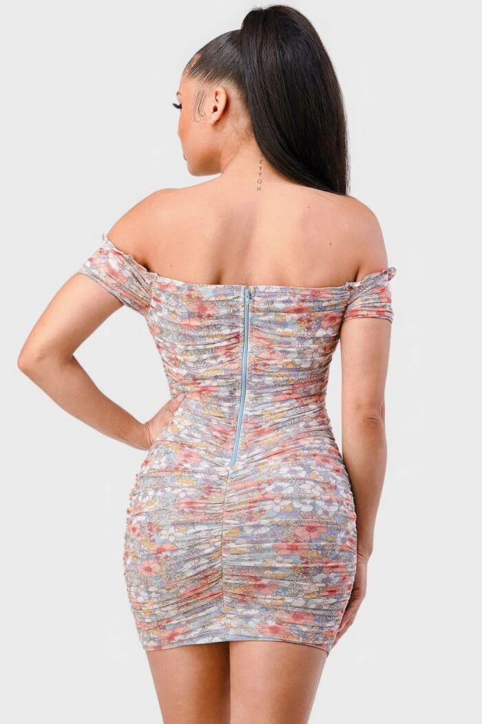 Floral print mesh sweetheart ruffled off shoulder ruched mini dress