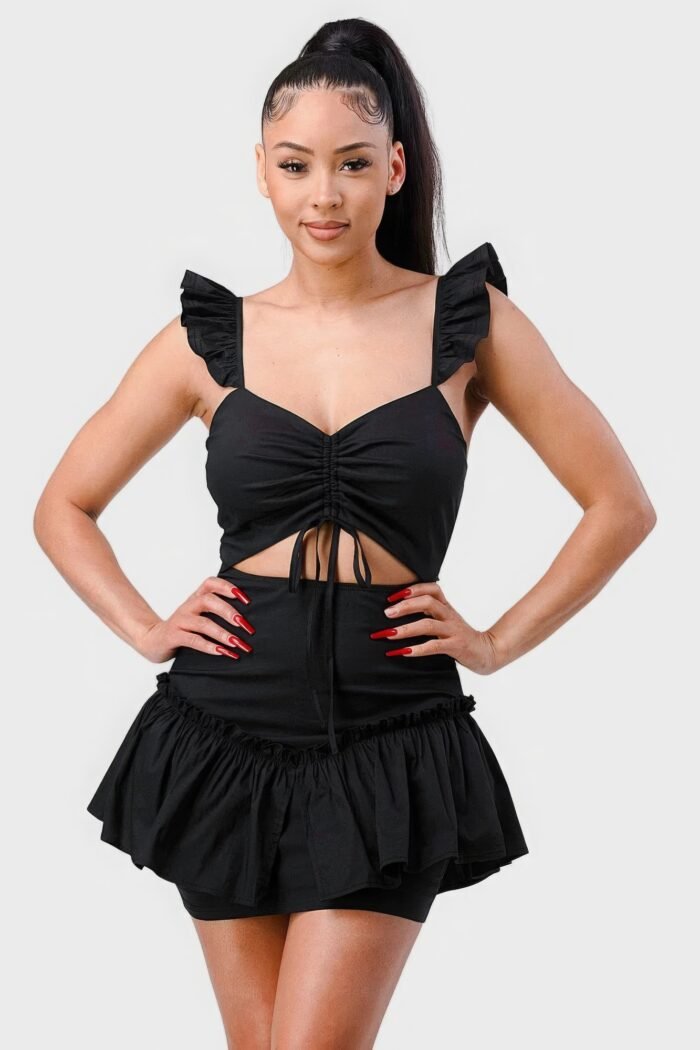 Sweetheart with drawstring bow cutout ruffled flutter sleeves mini dress
