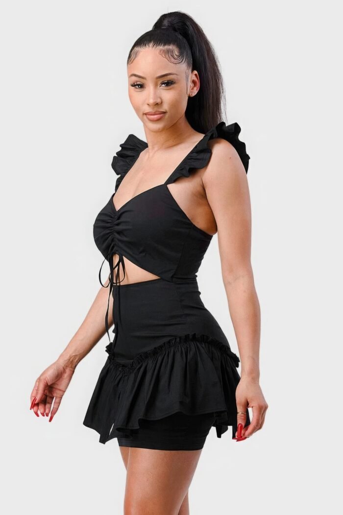Sweetheart with drawstring bow cutout ruffled flutter sleeves mini dress