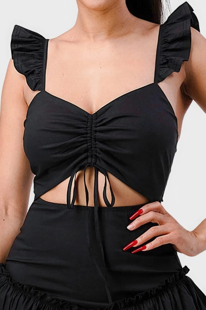 Sweetheart with drawstring bow cutout ruffled flutter sleeves mini dress