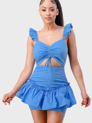 Sweetheart With Drawstring Bow Cutout Ruffled Flutter Sleeves Mini Dress