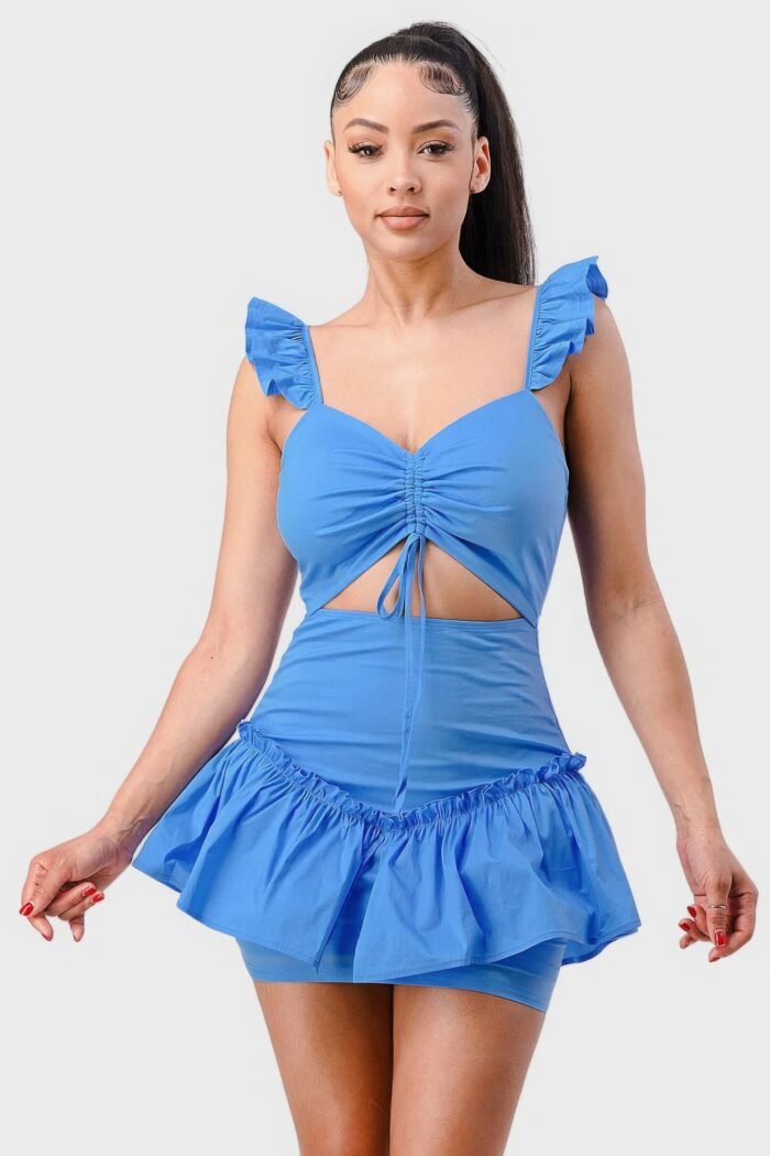 Sweetheart with drawstring bow cutout ruffled flutter sleeves mini dress