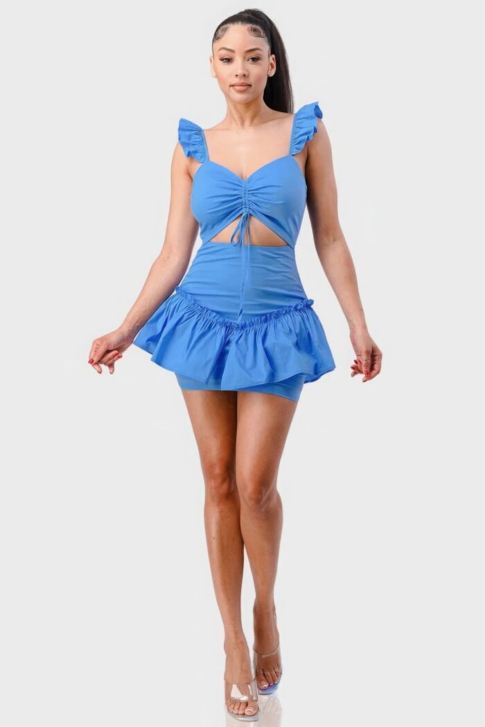 Sweetheart with drawstring bow cutout ruffled flutter sleeves mini dress
