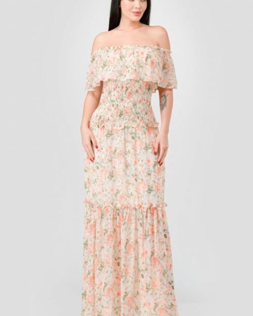 floral chiffon off shoulder smocked back ruffled tiered maxi dress