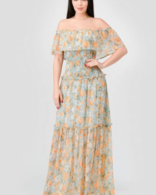 Floral Chiffon Off Shoulder Smocked Back Ruffled Tiered Maxi Dress