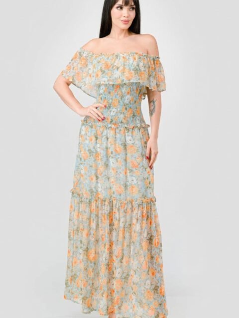 Floral Chiffon Off Shoulder Smocked Back Ruffled Tiered Maxi Dress