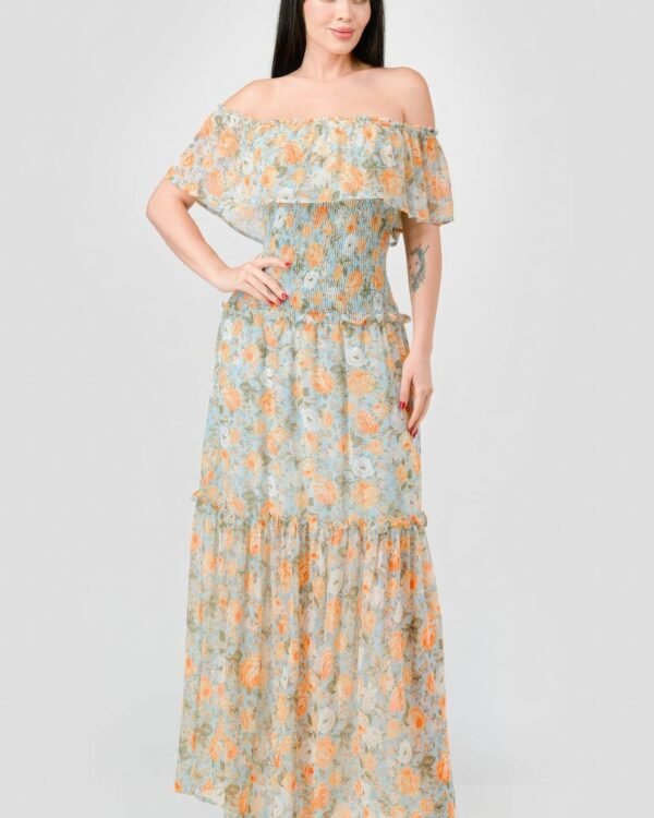 Floral Chiffon Off Shoulder Smocked Back Ruffled Tiered Maxi Dress