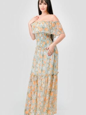 Floral Chiffon Off Shoulder Smocked Back Ruffled Tiered Maxi Dress
