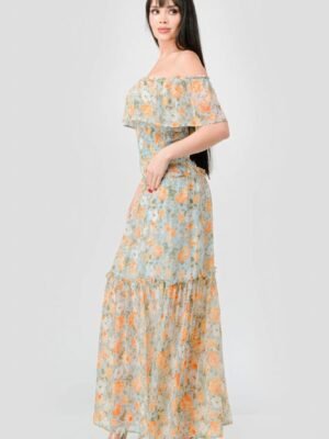 Floral Chiffon Off Shoulder Smocked Back Ruffled Tiered Maxi Dress