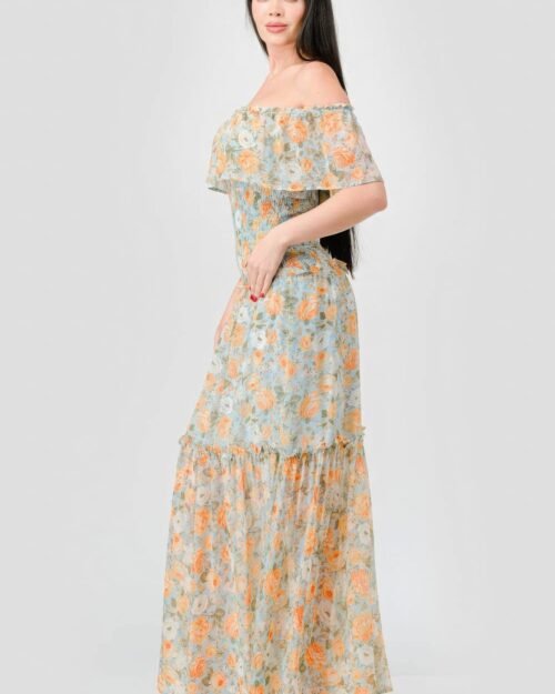 floral chiffon off shoulder smocked back ruffled tiered maxi dress