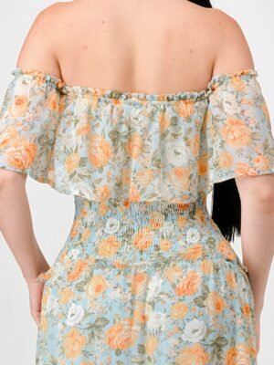 Floral Chiffon Off Shoulder Smocked Back Ruffled Tiered Maxi Dress