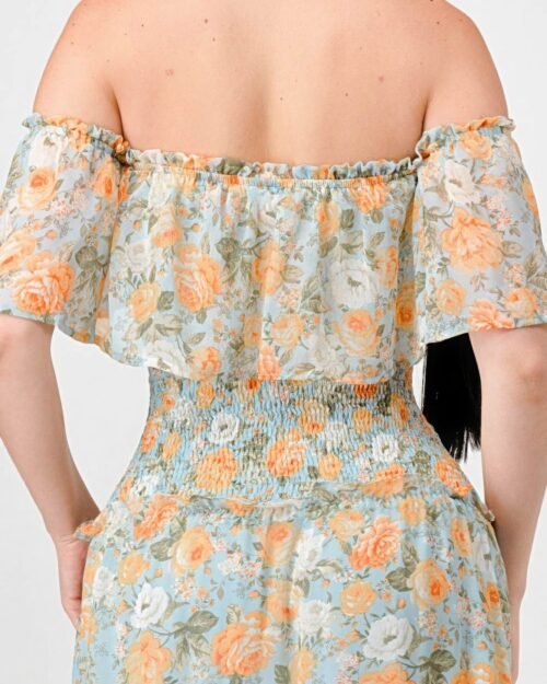 floral chiffon off shoulder smocked back ruffled tiered maxi dress