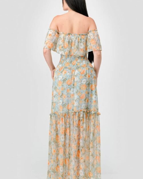 floral chiffon off shoulder smocked back ruffled tiered maxi dress