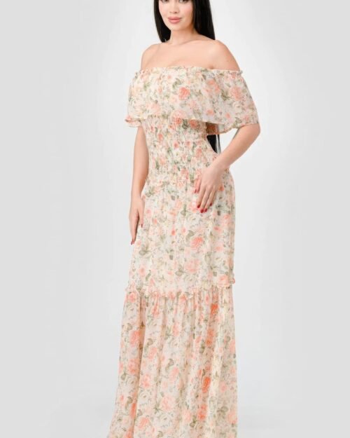 floral chiffon off shoulder smocked back ruffled tiered maxi dress