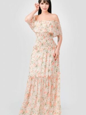 Floral Chiffon Off Shoulder Smocked Back Ruffled Tiered Maxi Dress