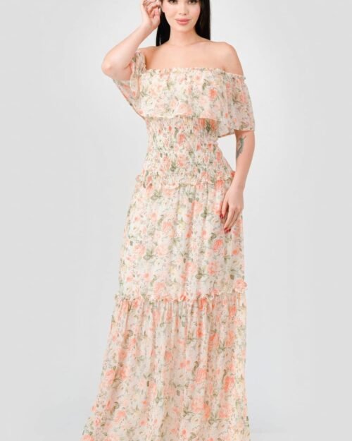 floral chiffon off shoulder smocked back ruffled tiered maxi dress