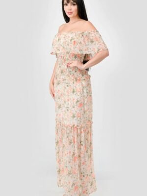 Floral Chiffon Off Shoulder Smocked Back Ruffled Tiered Maxi Dress