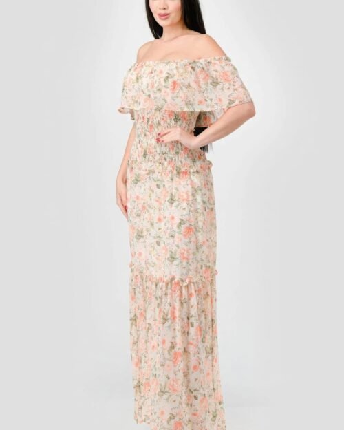floral chiffon off shoulder smocked back ruffled tiered maxi dress