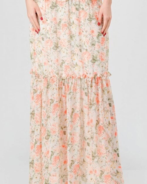 floral chiffon off shoulder smocked back ruffled tiered maxi dress