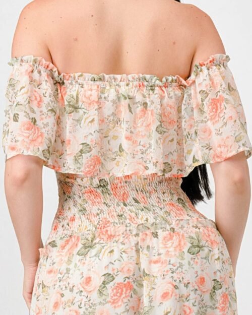 floral chiffon off shoulder smocked back ruffled tiered maxi dress