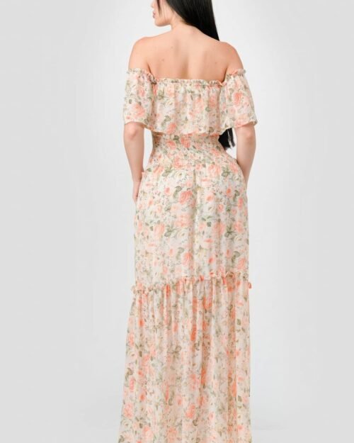 floral chiffon off shoulder smocked back ruffled tiered maxi dress